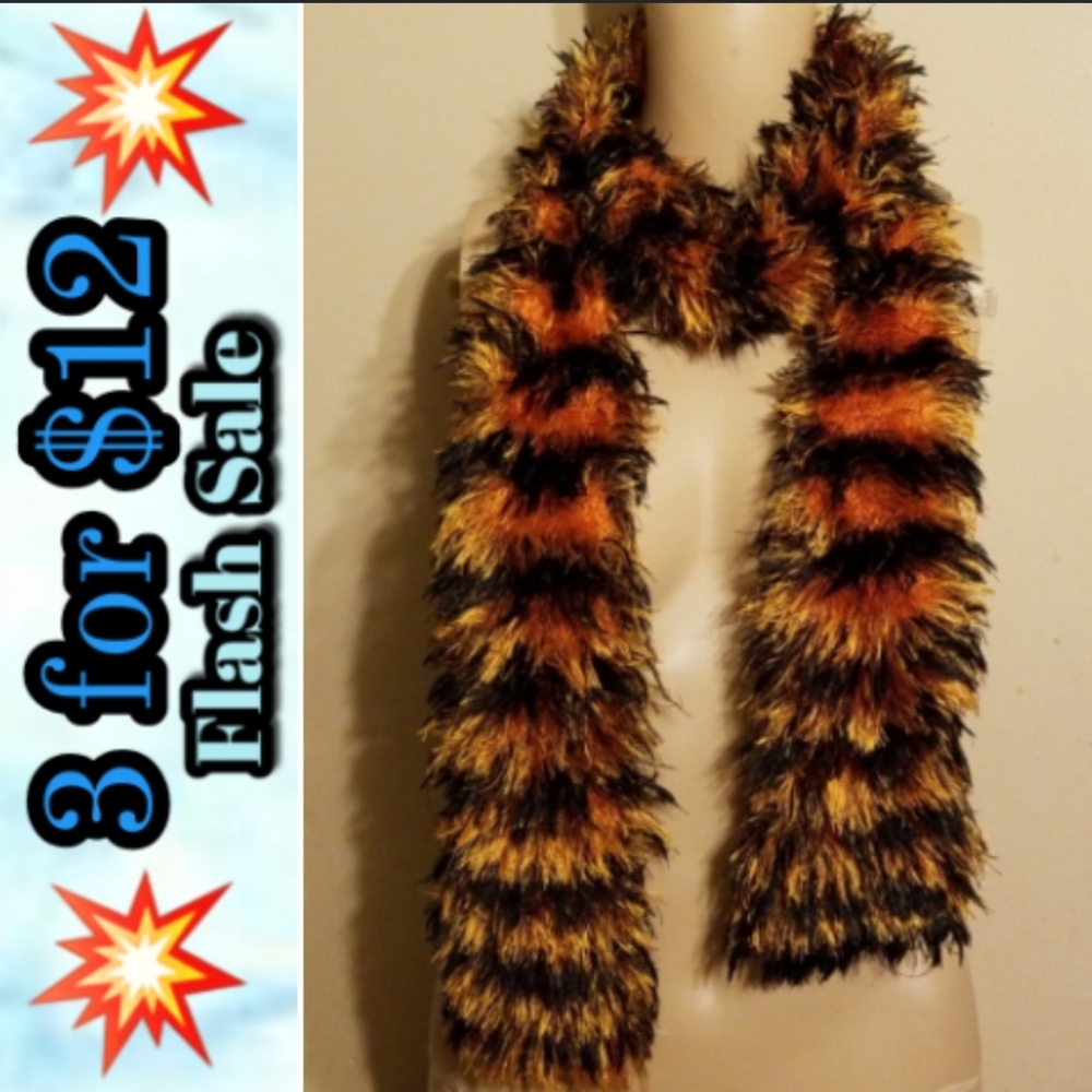 Black & Orange Striped Furry Boa Fashion Scarf